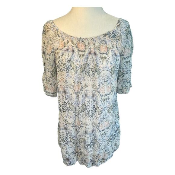 Giusy Silk Floral Blouse Ivory Blue Pink Gray Sheer Flutter Sleeve Lined S - Picture 1 of 8
